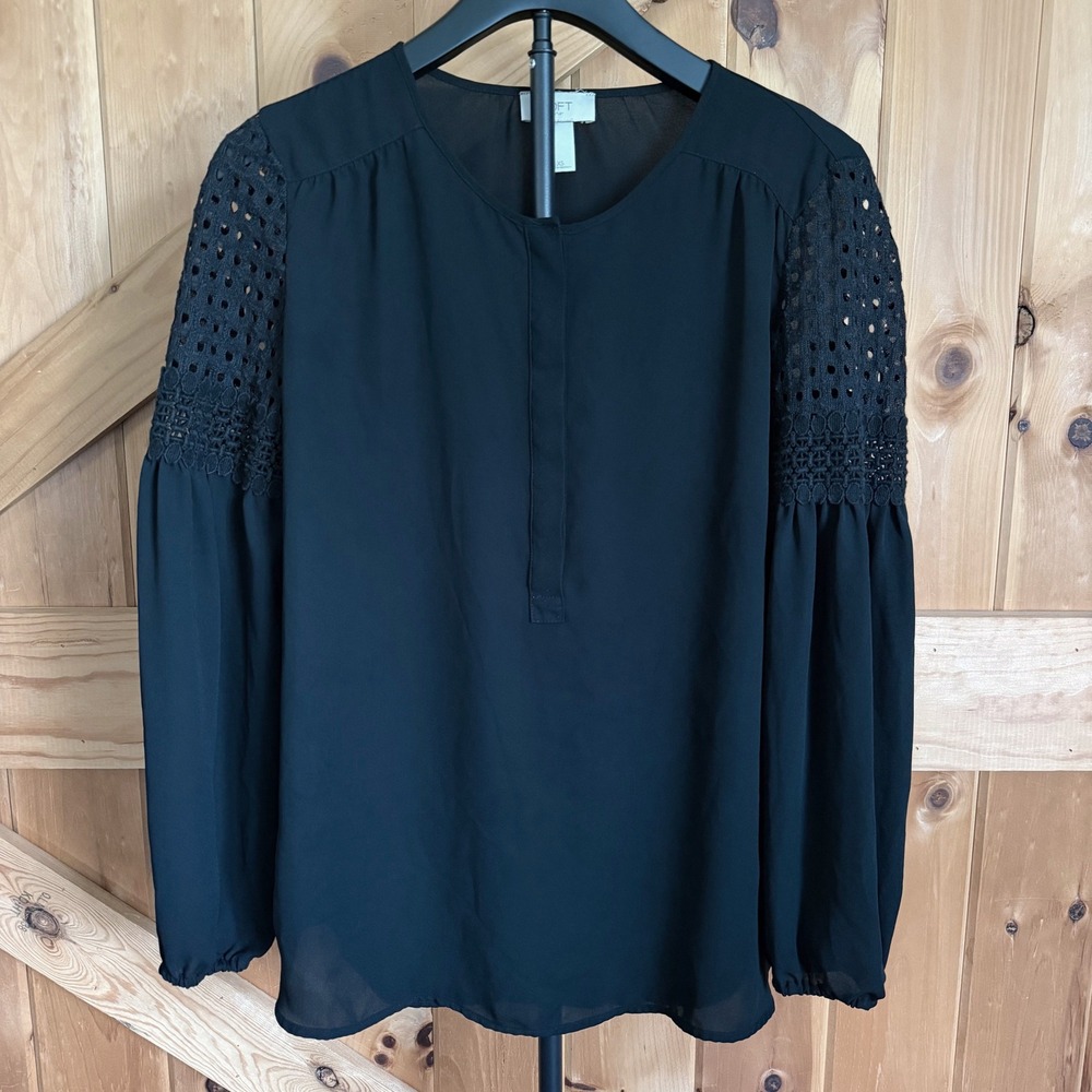 LOFT Outlet Crochet Lace Sleeve Blouse Womens XS Black Long Sleeve Round Neck